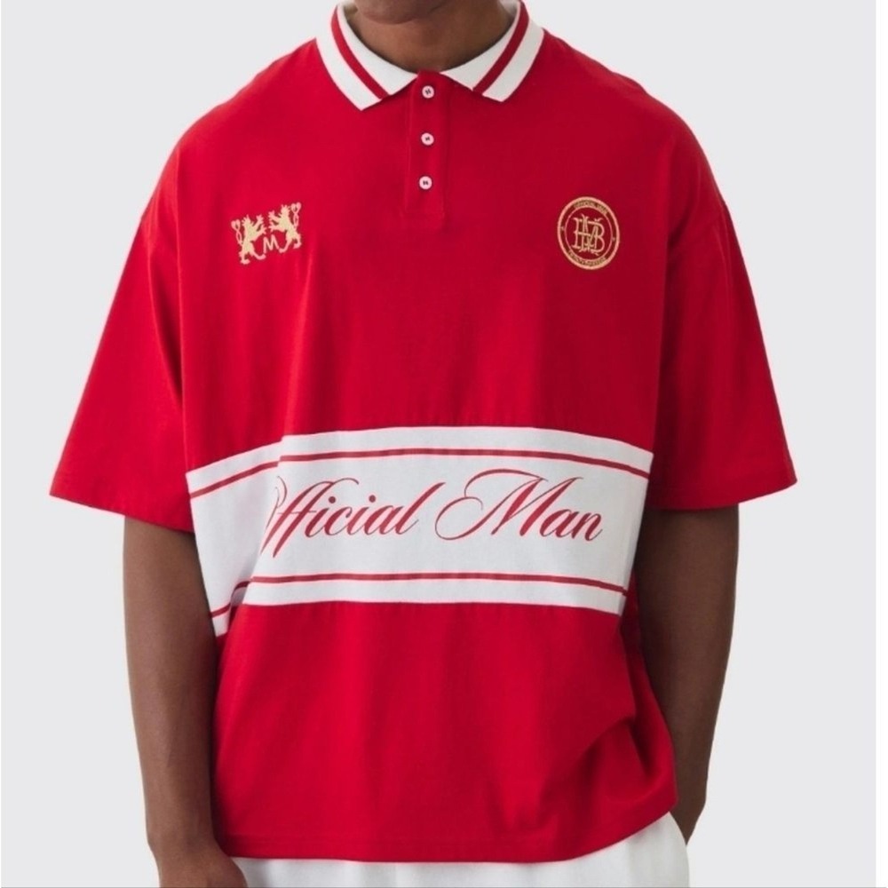 boohooMAN Polo Shirt Mens Medium Red Official Man Rugby Streetwear Casual Sporty